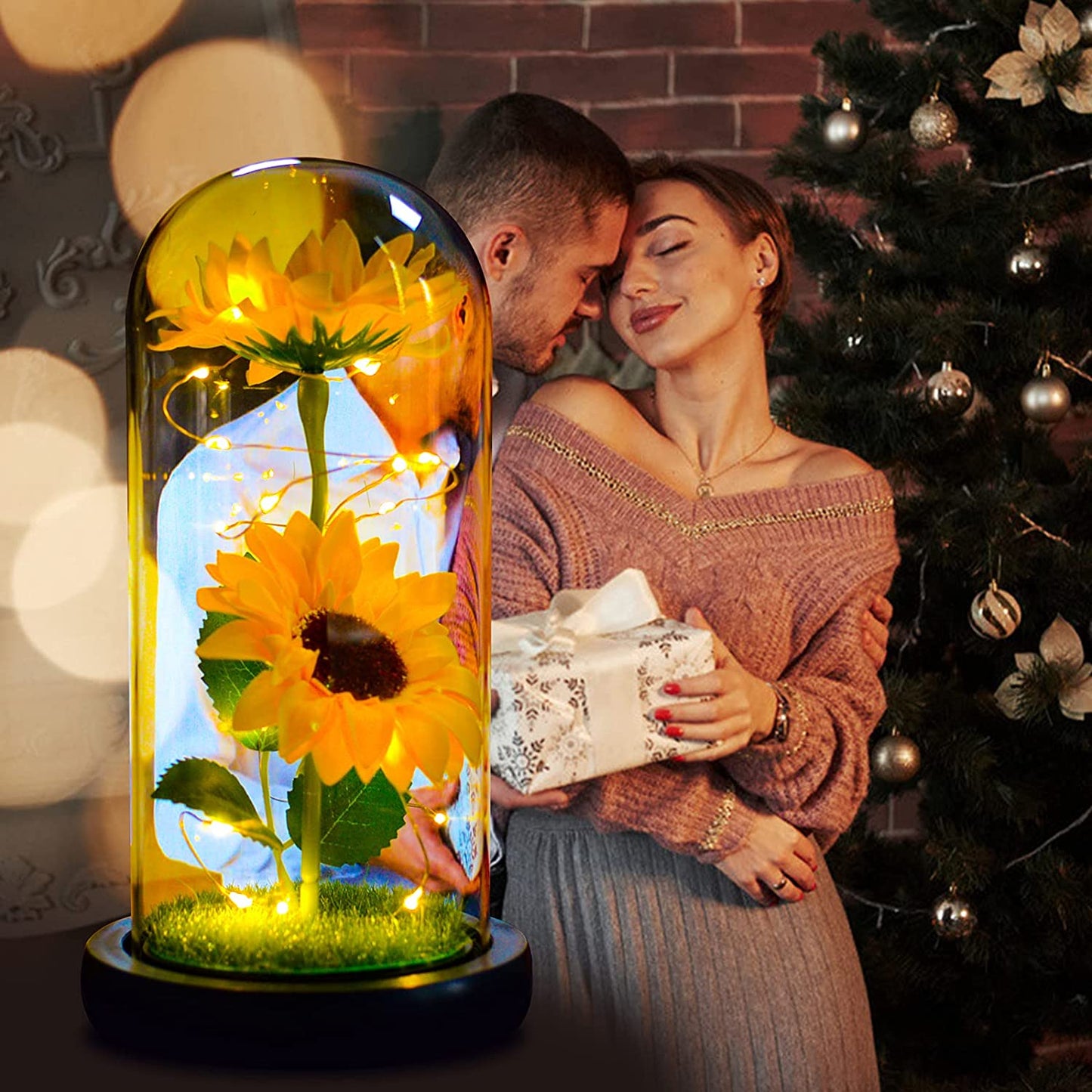 Sunflower Gift for Women,Sun Flowers Home Decor,Preserved Sunflower Bouquet in Glass Dome,Birthday Gifts for Her Mom
